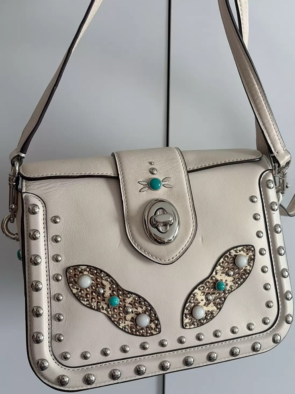 Coach White Leather Rivet Crossbody with Turquoise Accents & Snakeskin Pattern